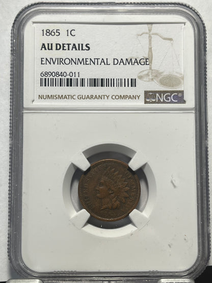 1865 Indian Head Cent AU Details - Environmental Damage