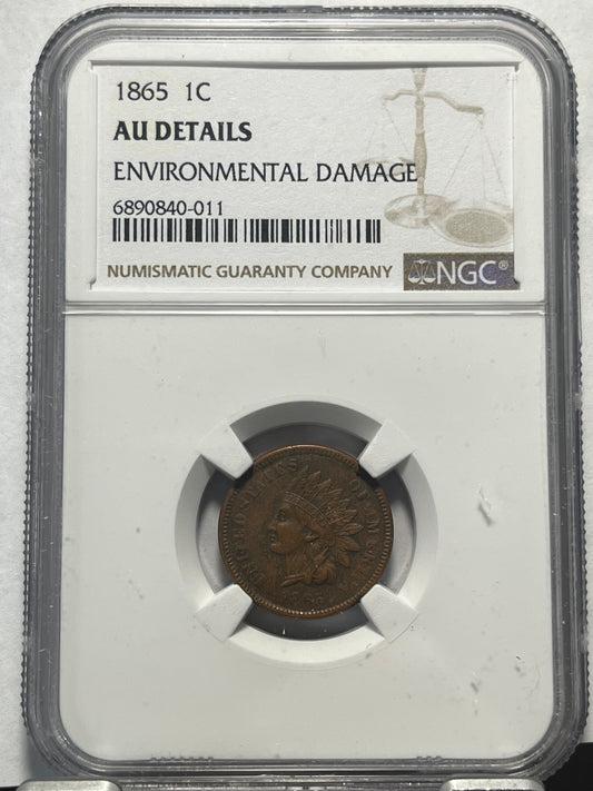 1865 Indian Head Cent AU Details - Environmental Damage